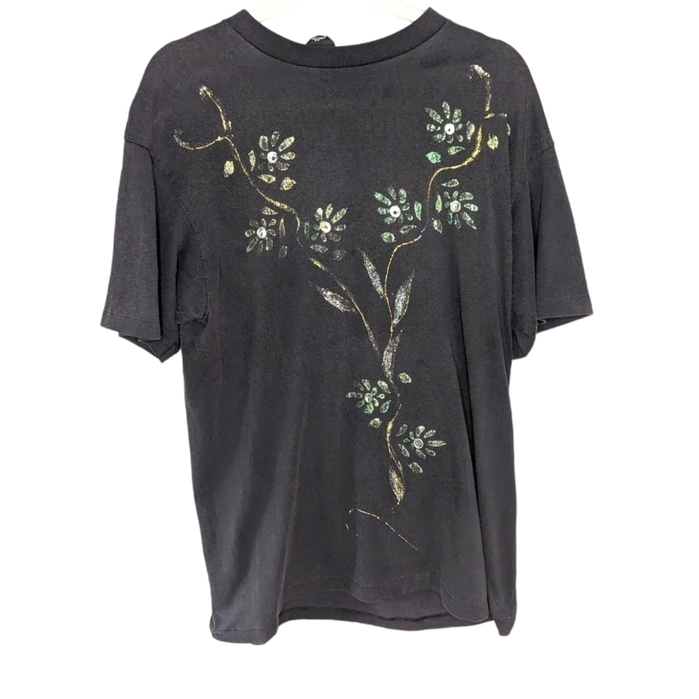 3D Emblem Vintage Womans Vine Sequin Floral Tshirt XL